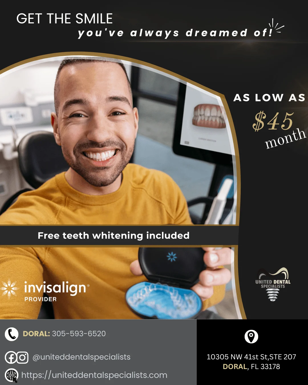 Invisalign promotion: as low as 45 dollars per month, free teeth whitening included